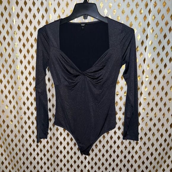 Express Tops - Express body contour body suit in metallic gunmetal￼ twist front size S